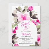 Invitation Boho rose vert floral photo Sweet 16 (Devant)
