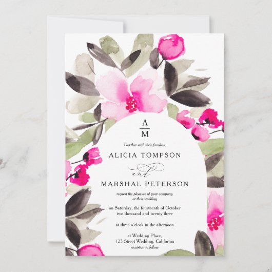 Invitation Boho rose vert mariage d'aquarelle (Devant)