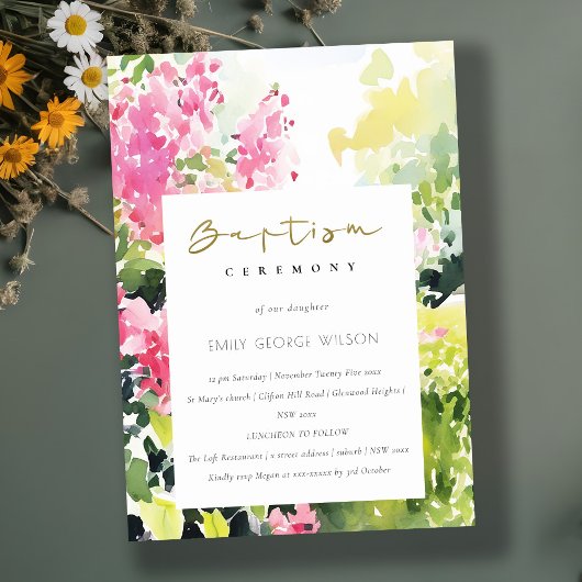 Invitation Boho rose vert Tropical Bougainvilliers Bapitisme