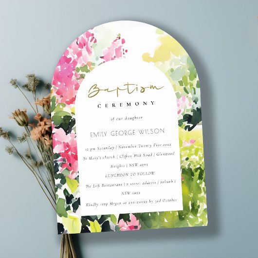 Invitation Boho Rose Vert Tropical Bougainvilliers Baptême