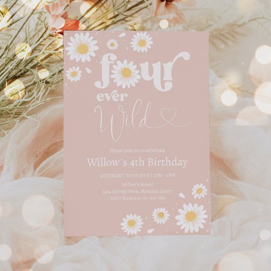 Invitation Boho rose vif Daisy Quatre jamais Wild 4e annivers