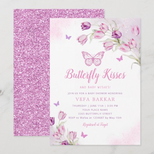 Invitation Boho rose violet papillon floral Baby shower fille (Devant / Derrière)