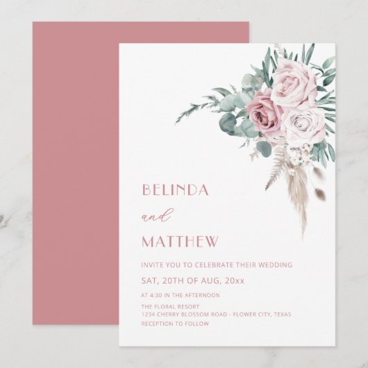 Invitation Boho Roses Aquarelle Moderne (Devant / Derrière)