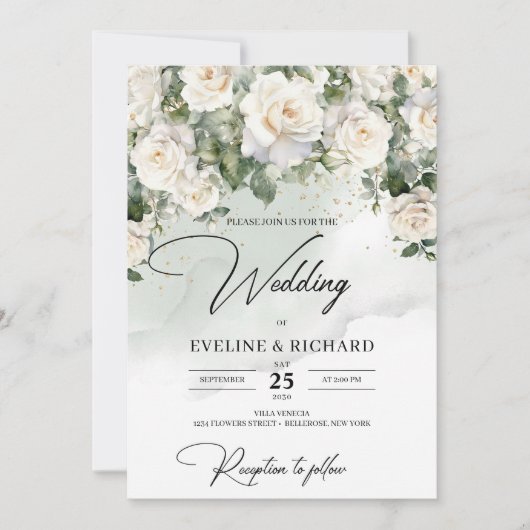 Invitation Boho roses blanches eucalyptus verdure et or (Devant)