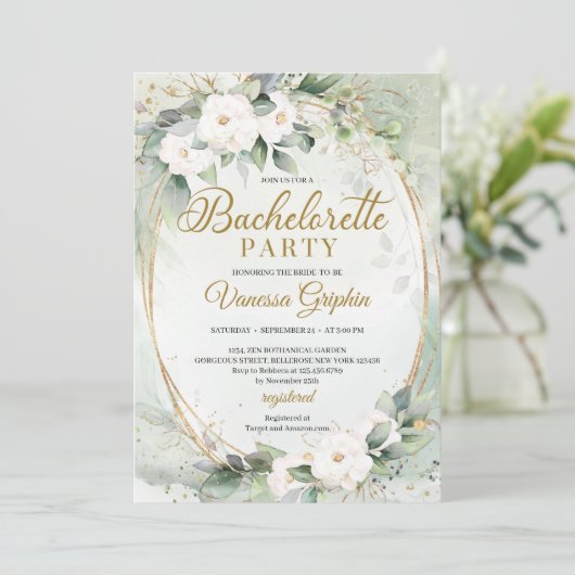 Invitation Boho Roses blanches verdure or ovale Bachelorette (Debout devant)
