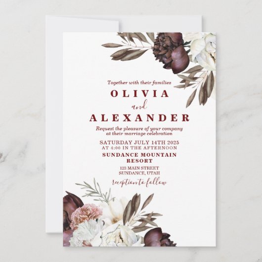 Invitation Boho Roses Bourguignon automne mariage (Devant)