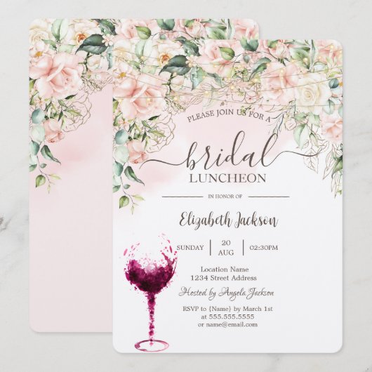 Invitation Boho Roses, Luncheon de mariage avec verre à vin (Devant / Derrière)