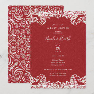 Invitation Boho Rouge & Blanc Dentelle Motif Imprimé Baby Sho