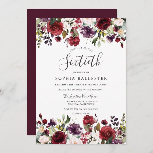 Invitation Boho rouge Bourgogne 60e Soixantième anniversaire (Devant / Derrière)