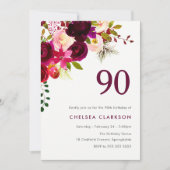 Invitation Boho rouge Bourgogne Floral 90e fête d'anniversair (Devant)