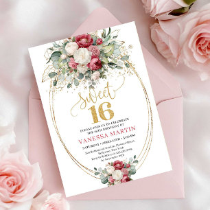 Invitation Boho Rouge Bourgogne Roses Dorées pour