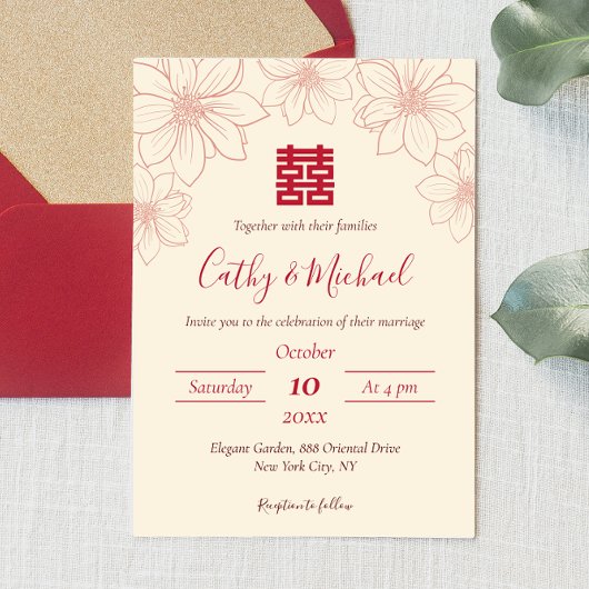Invitation Boho rouge et beige floral mariage chinois