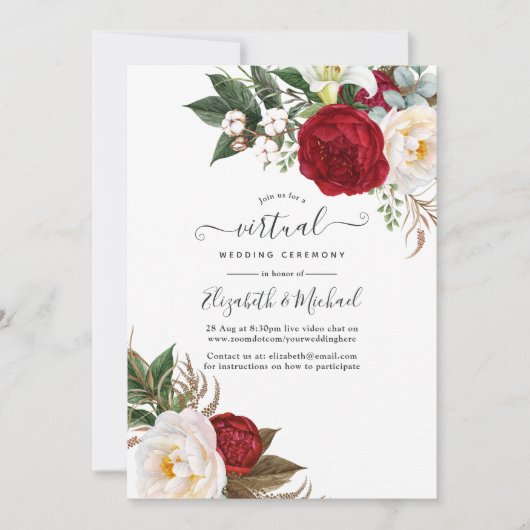 Invitation Boho rouge et blanc Floral Mariage virtuel en lign (Devant)