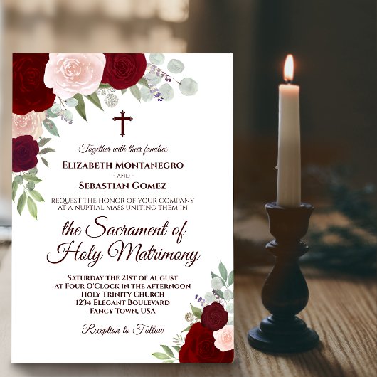 Invitation Boho rouge et rose Rose Mariage catholique moderne