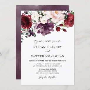 Invitation Boho rouge et violet Mariage d'aquarelle