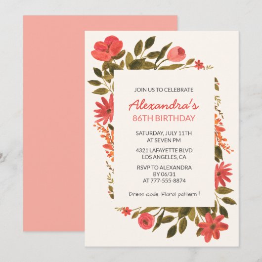 Invitation Boho Rouge Floral Aquarelle 86e anniversaire (Devant / Derrière)