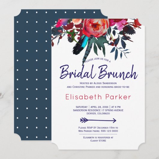 Invitation Boho rouge marine bleu bouquet floral brunch nupti (Devant / Derrière)