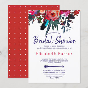 Invitation Boho rouge marine bleu bouquet floral douche nupti