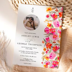 Invitation Boho rouge orangé initiales florales photo mariage