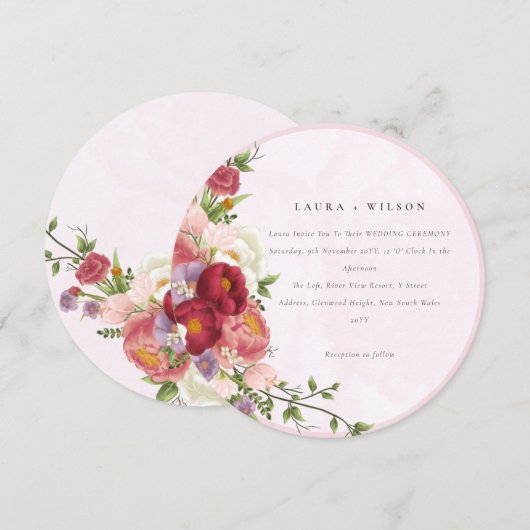 Invitation Boho Rouge rose blanc Rose Fleurs modernes (Devant / Derrière)