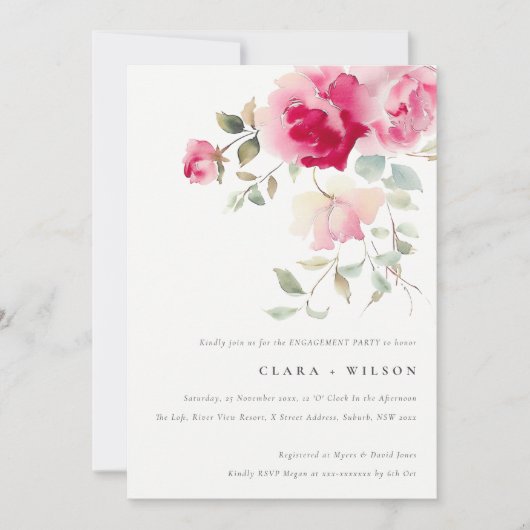 Invitation Boho Rouge Rose Fleurs Fiançailles d'aquarelle (Devant)