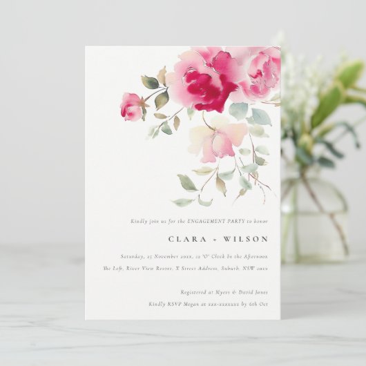 Invitation Boho Rouge Rose Fleurs Fiançailles d'aquarelle (Debout devant)