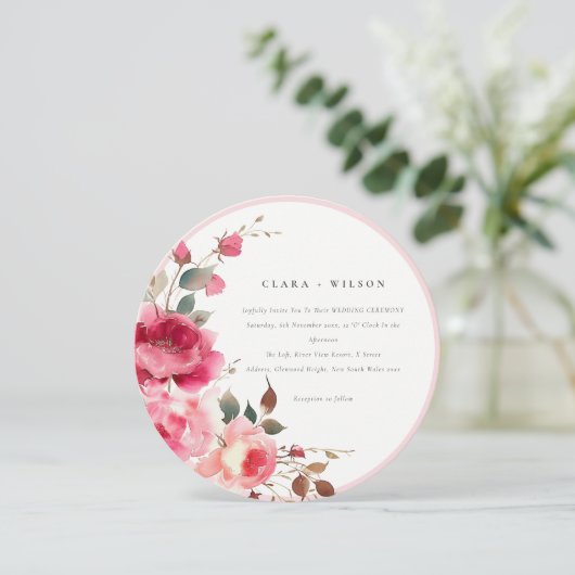 Invitation Boho Rouge Rose Fleurs Mariage d'aquarelle (Debout devant)