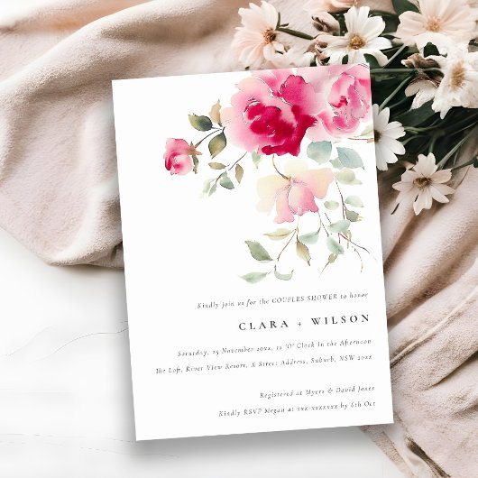 Invitation Boho rouge rose rose rose vif Couples Floral Douch