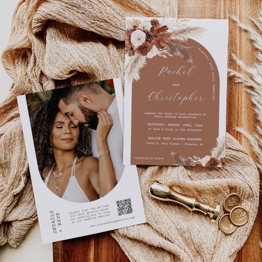 Invitation Boho rouille Mariage Pampas Arche en herbe Photo Q