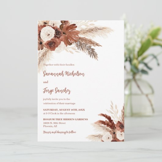 Invitation Boho rouille Pampas Arc en herbe Photo QR Code Mar (Debout devant)