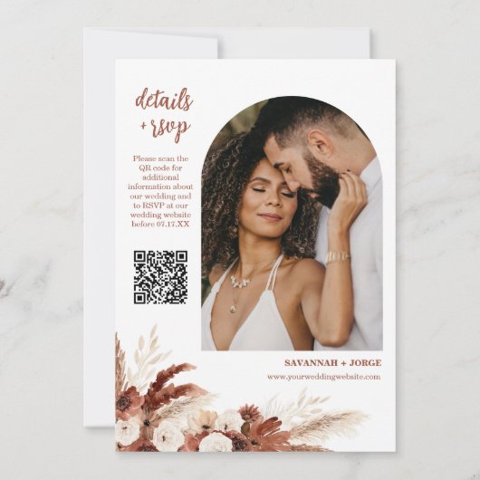 Invitation Boho rouille Pampas Arc en herbe Photo QR Code Mar (Dos)