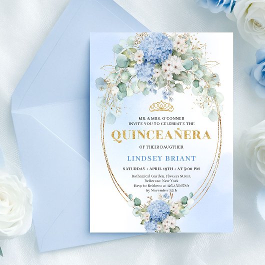 Invitation Boho Royal Bleu Hydrangeas Eucalyptus Quinceañera
