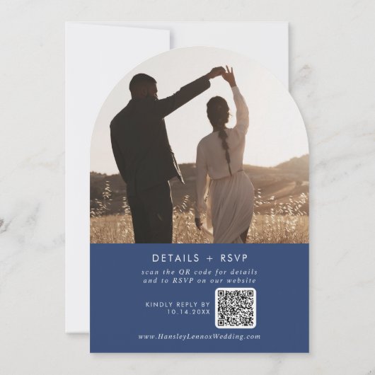 Invitation Boho Royal Bleu Photo QR Code Arch Mariage (Dos)
