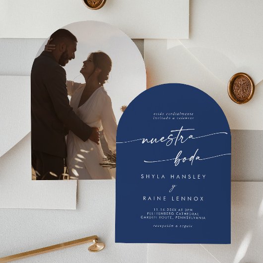 Invitation Boho Royal Blue Photo Arch Mariage espagnol