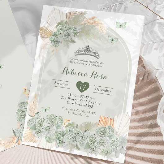 Invitation Boho Royal Crown Sage Green Princesse Quinceañera
