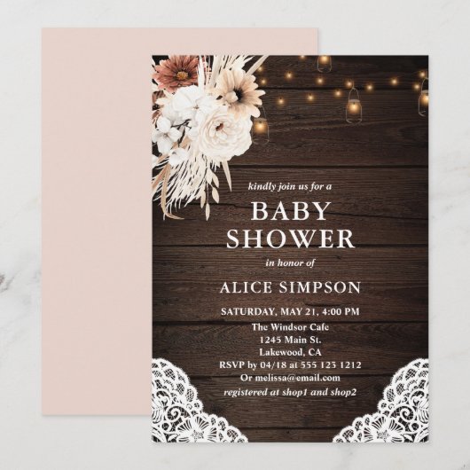 Invitation Boho Russe Beige Floral Mason Jarres Baby shower D (Devant / Derrière)