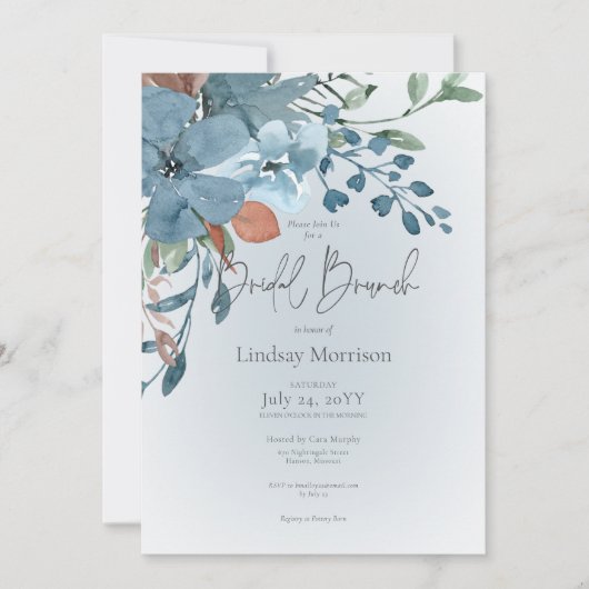Invitation Boho Rust & Floral Bleu sur Blanc pour un Brunch d (Devant)