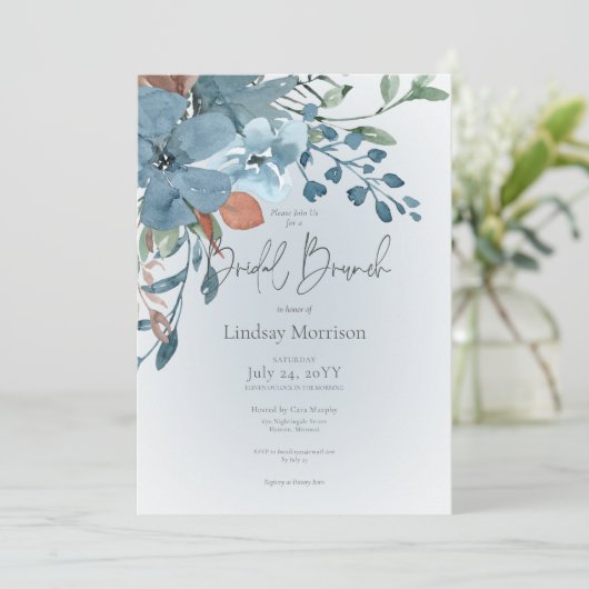 Invitation Boho Rust & Floral Bleu sur Blanc pour un Brunch d (Debout devant)