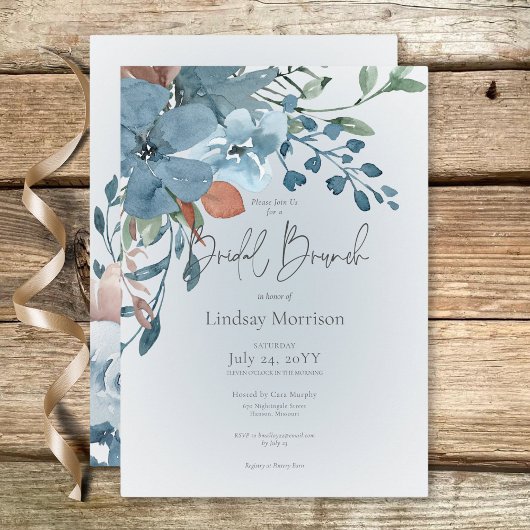 Invitation Boho Rust & Floral Bleu sur Blanc pour un Brunch d