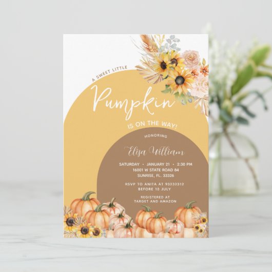 Invitation Boho Rust Orange Citrouille est en route baby show (Debout devant)