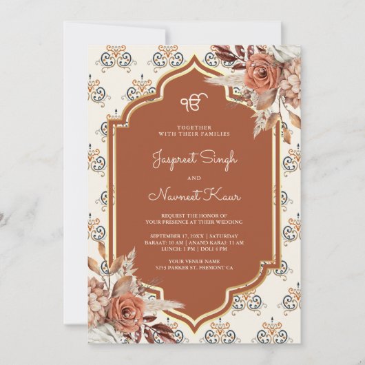 Invitation Boho Rust Orange Punjabi Anand Karaj Sikh Mariage (Devant)