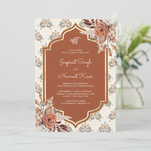 Invitation Boho Rust Orange Punjabi Anand Karaj Sikh Mariage (Debout devant)