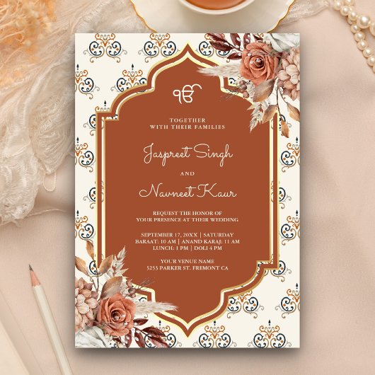 Invitation Boho Rust Orange Punjabi Anand Karaj Sikh Mariage
