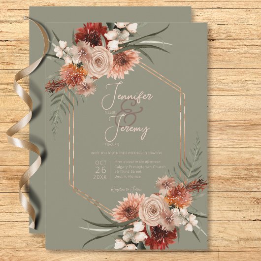 Invitation Boho Rust & Sage Neutre Green Fall Floral