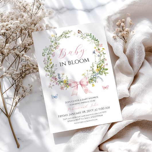 Invitation Boho Rustic Baby en Baby shower de boue rose en fl