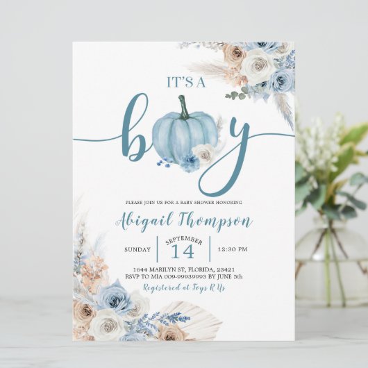 Invitation Boho Rustic Blue Citrouille C'est un garçon Fall B (Debout devant)