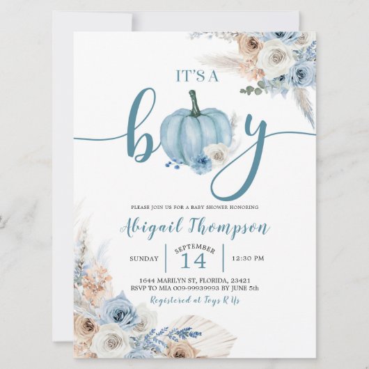 Invitation Boho Rustic Blue Citrouille C'est un garçon Fall B (Devant)