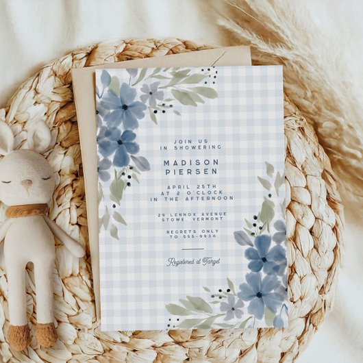 Invitation Boho Rustic Blue Floral Plaid Boy Baby shower