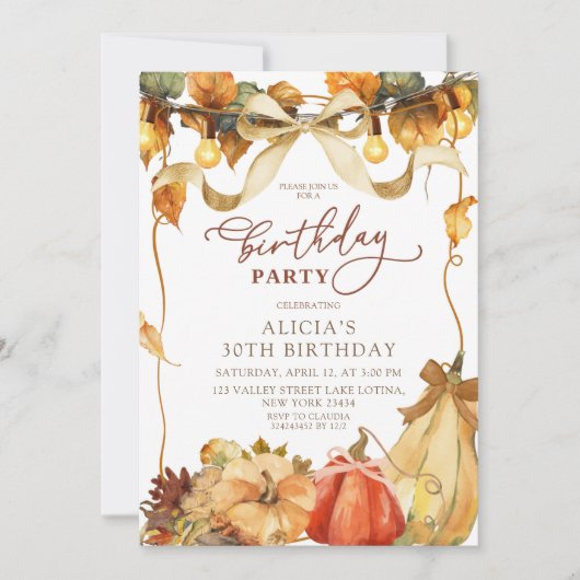 Invitation Boho Rustic Bow Coquette fall pumpkin birthday  (Devant)