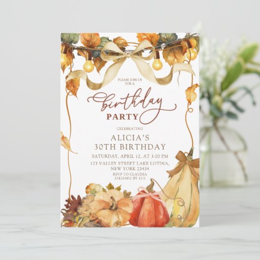 Invitation Boho Rustic Bow Coquette fall pumpkin birthday  (Debout devant)